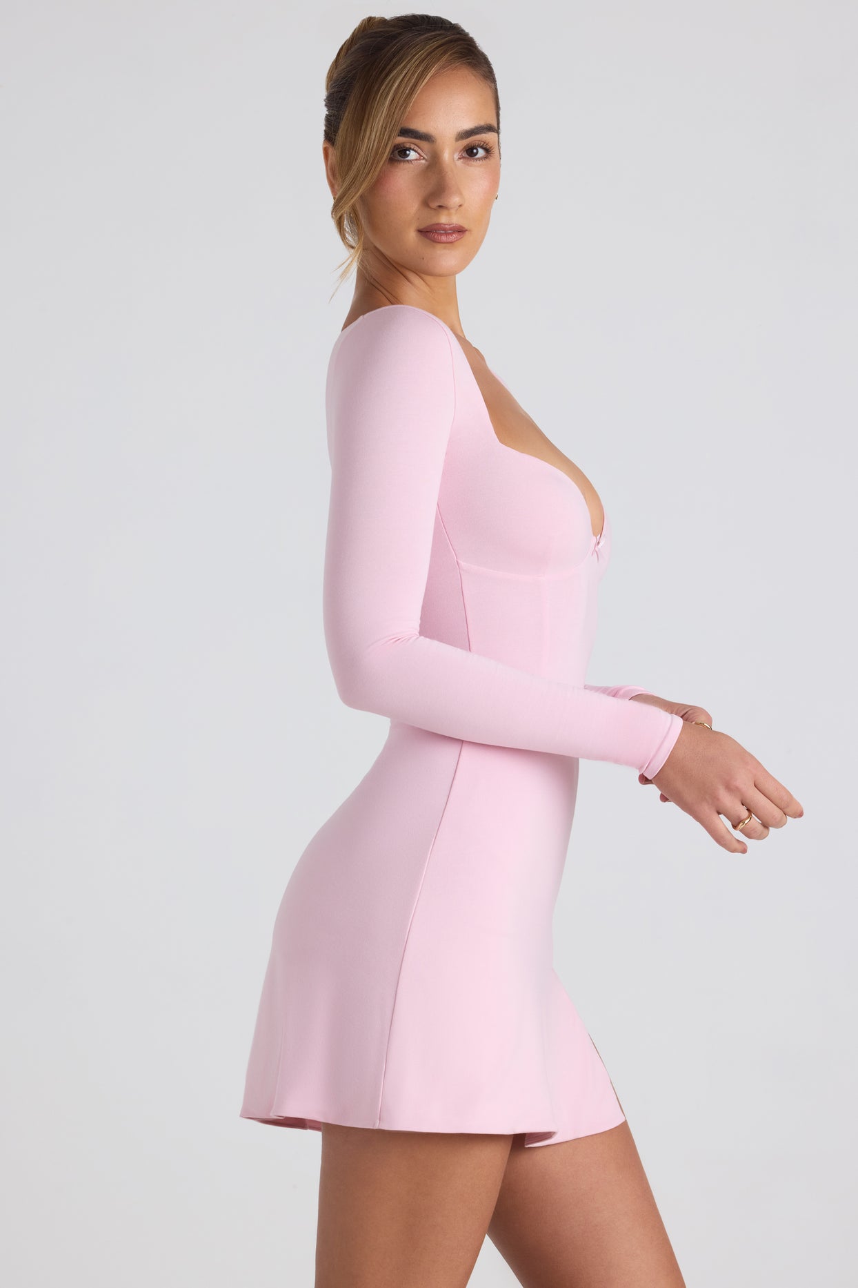Modal Bow-Embellished Sweetheart-Neck A-Line Mini Dress in Soft Pink