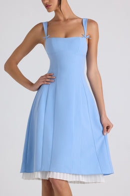Bow-Embellished Pleated A-Line Midi Dress in Sky Blue