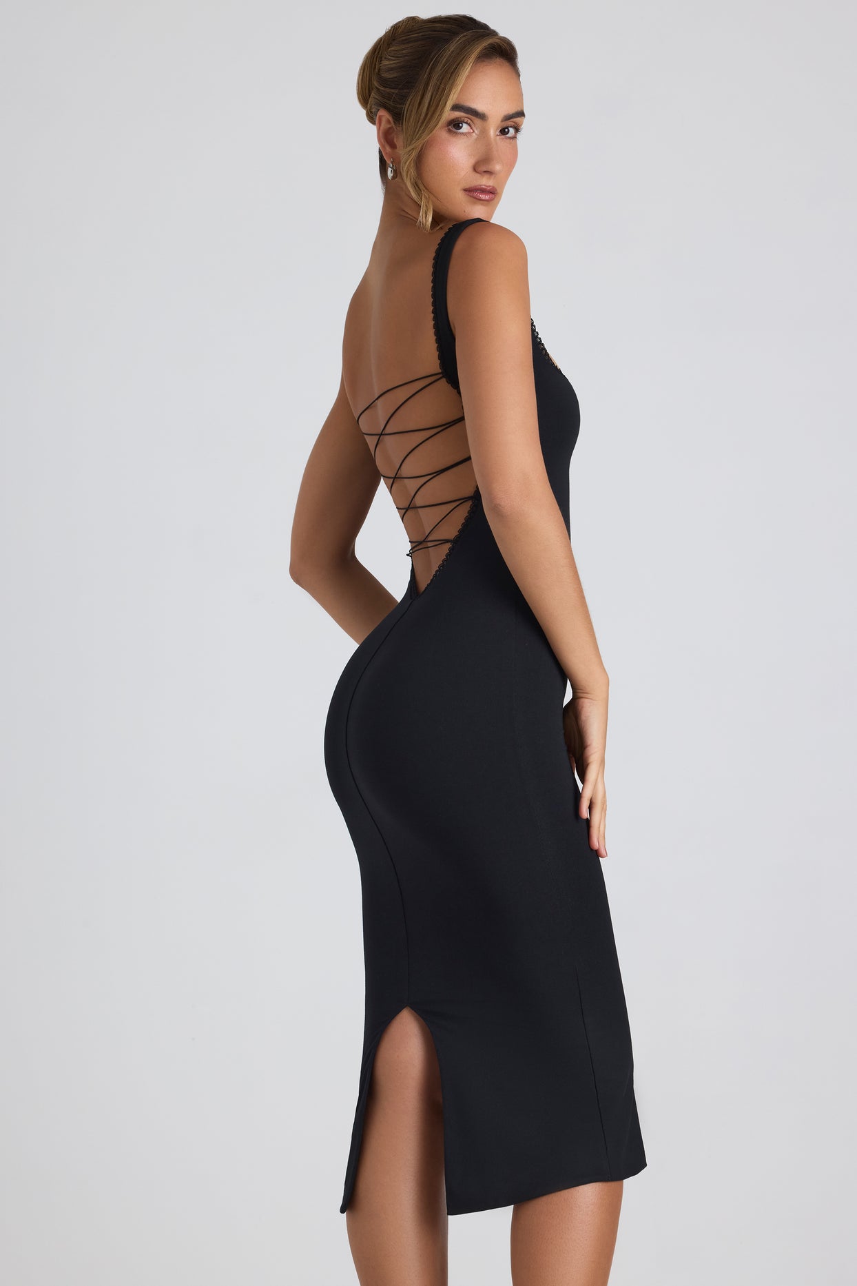 Modal Lace-Trim Midaxi Dress in Black - 3