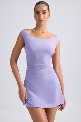 Off-Shoulder Cowl-Back A-Line Mini Dress in Dusty Lilac