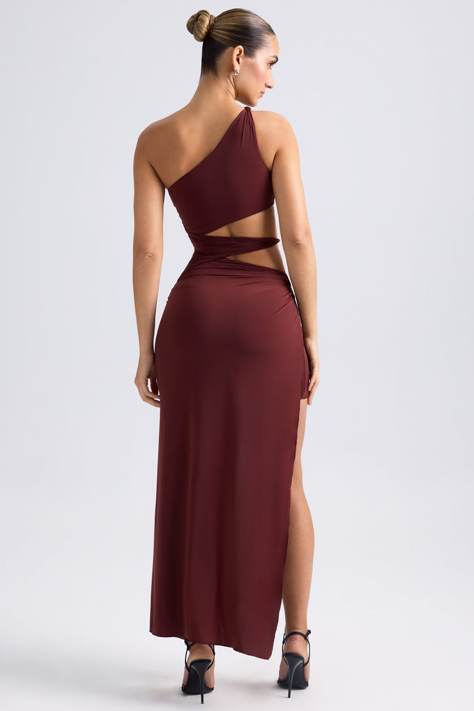 One-Shoulder Draped Cut-Out Maxi Dress in Chestnut Brown