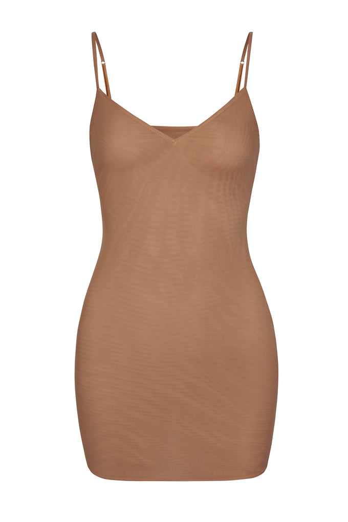 Soft Mesh V-Neck Mini Slip Dress in Honey - 1