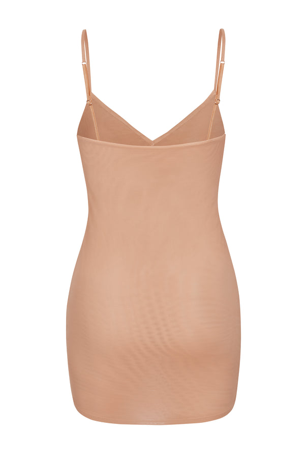 Soft Mesh V-Neck Mini Slip Dress in Warm Peach - 2