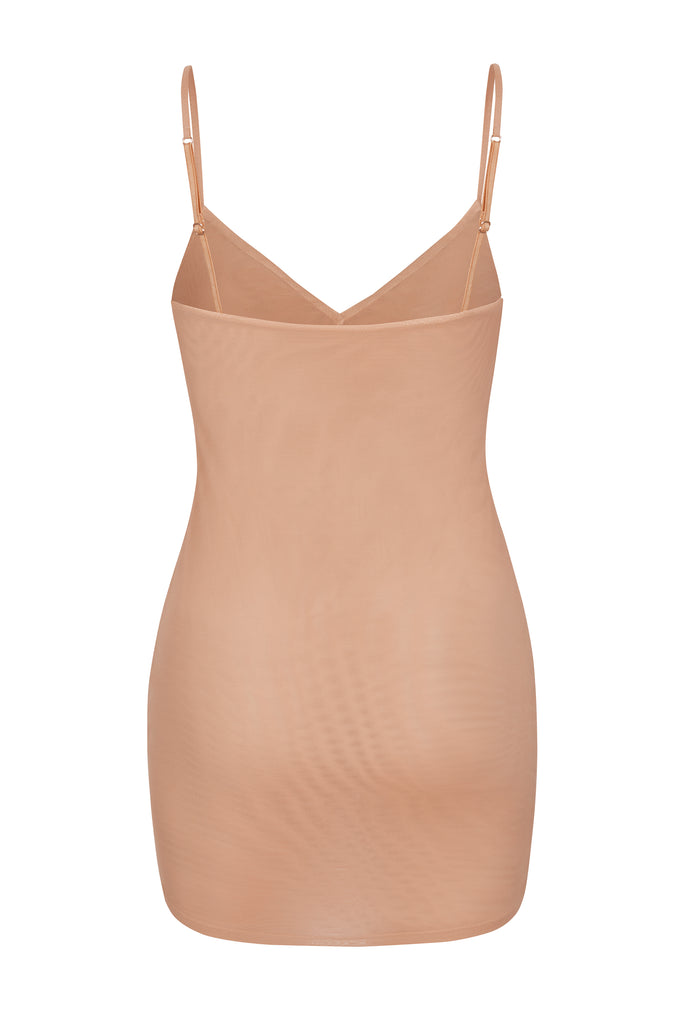 Soft Mesh V-Neck Mini Slip Dress in Warm Peach - 2