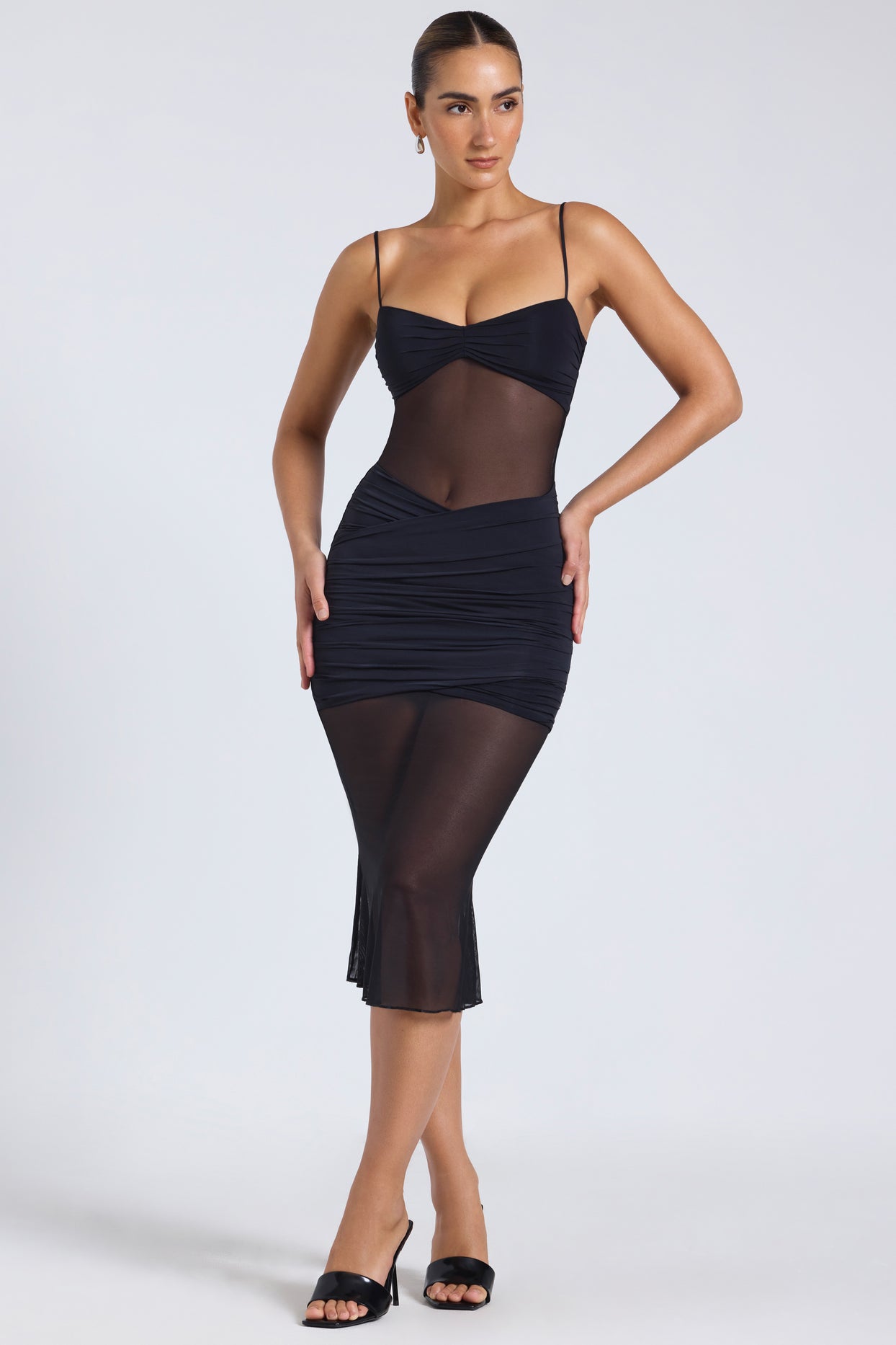 Sheer Panelled Draped Midaxi Dress in Black