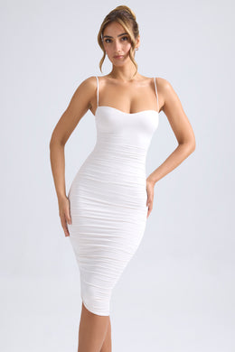 Asymmetric Ruched Midi Dress in Ivory