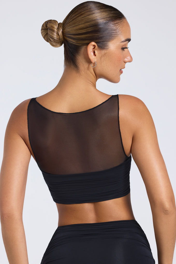 Sheer Panelled Ruched Crop Top in Black