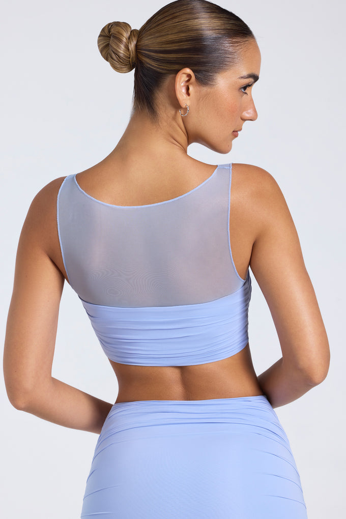 Sheer Panelled Ruched Crop Top in Periwinkle Blue