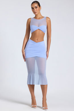 Sheer Panelled Draped Midaxi Skirt in Periwinkle Blue