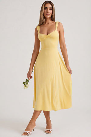 Thandie Sweetheart-Neck Ruched Midaxi Dress in Pastel Yellow | Oh Polly Thandie Sweetheart-Neck Ruched Midaxi Dress in Pastel Yellow | Oh Polly