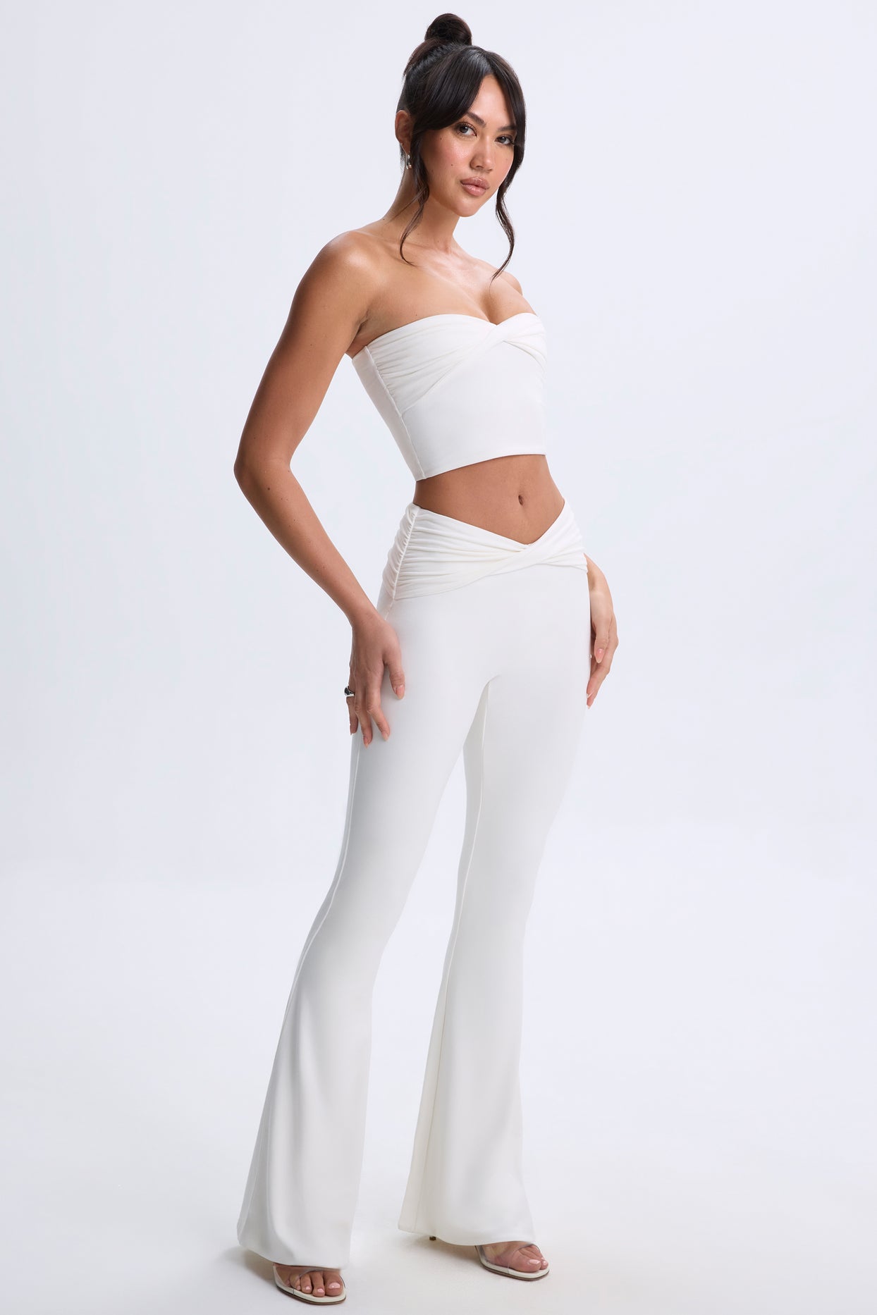 Petite Twist-Front Flared Trousers in White