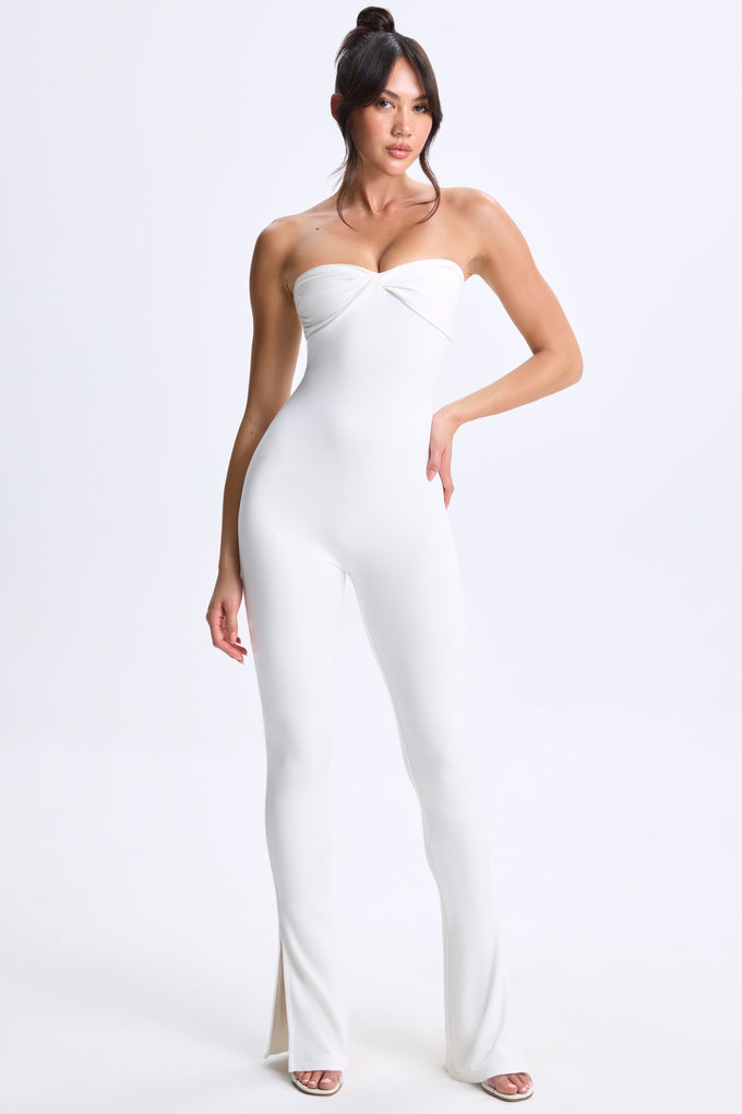 Petite Twist-Front Split Hem Flared Jumpsuit in White