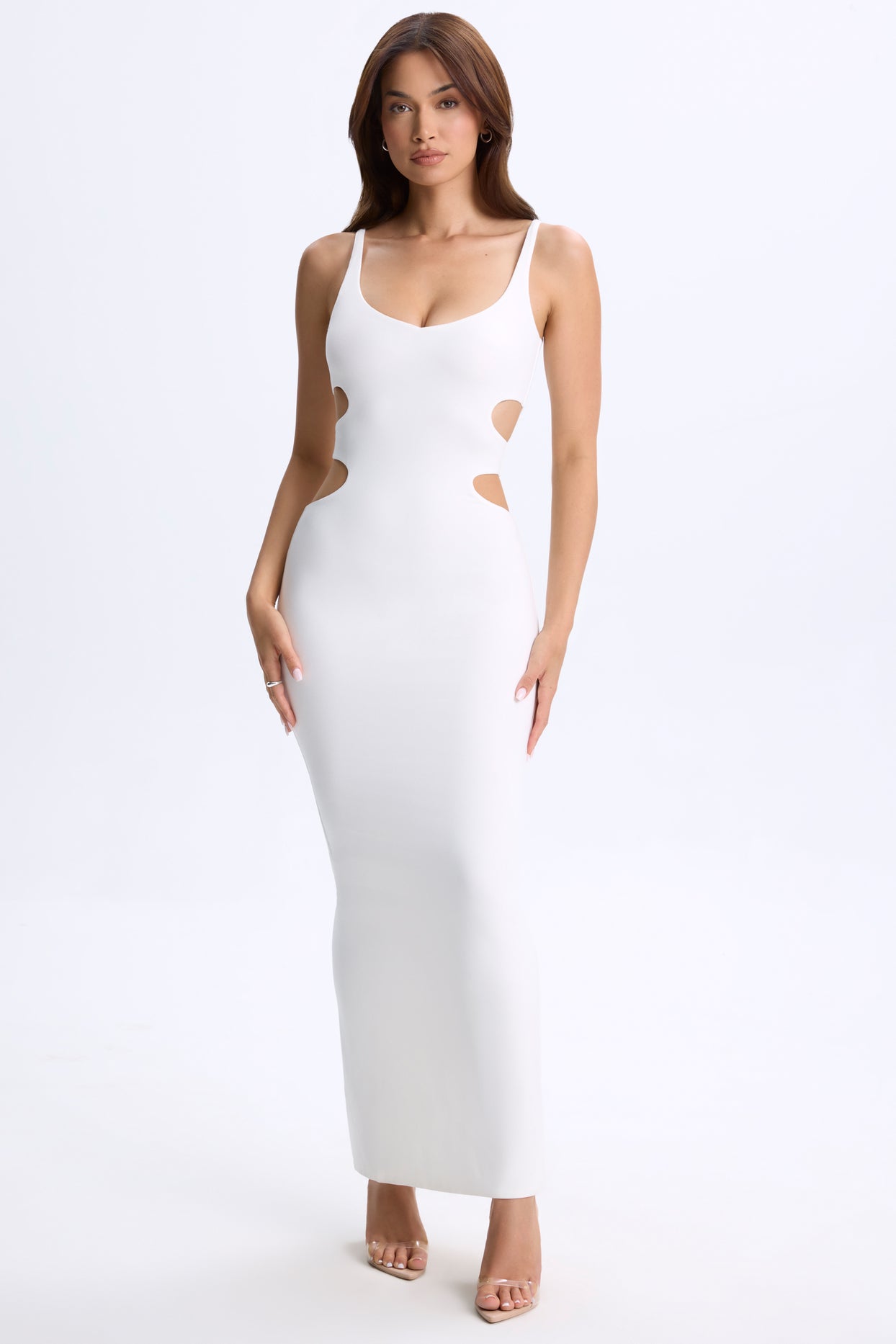 Plunge Cut-Out Maxi Dress in White | Oh Polly