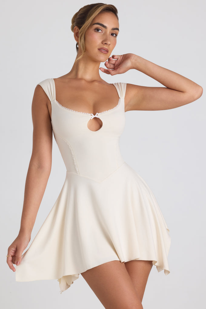 Modal Asymmetric Lace-Trim A-Line Mini Dress in Ivory