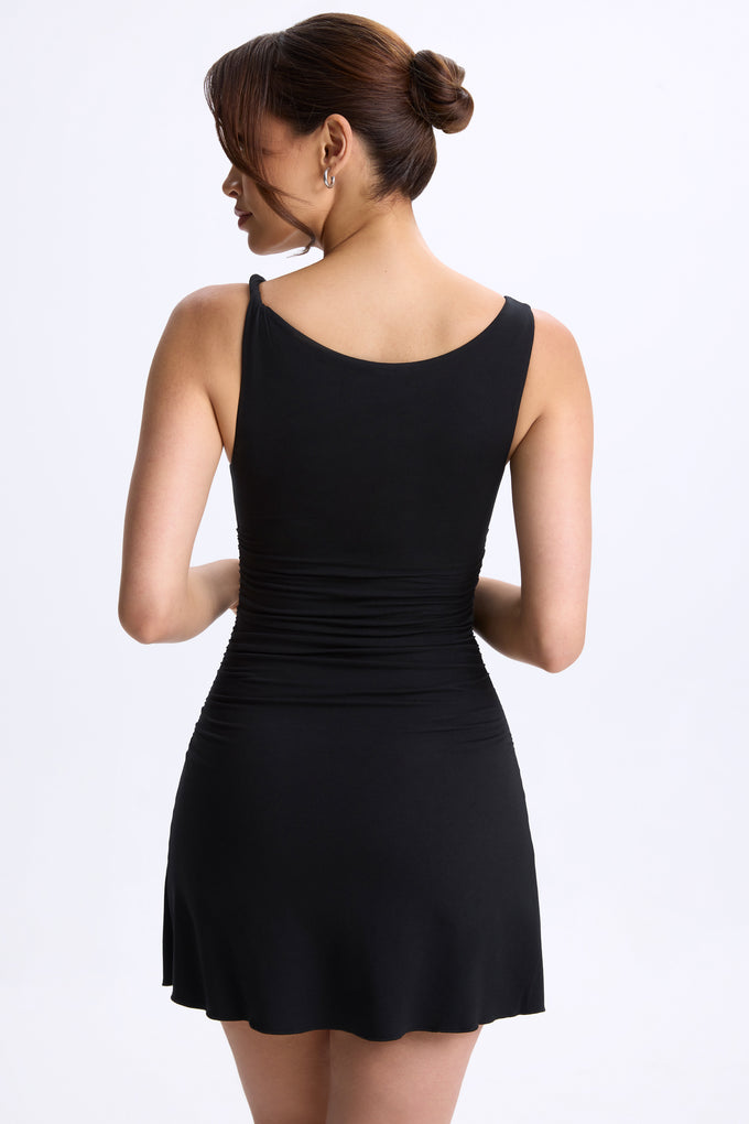 Ruched A-Line Micro Mini Dress in Black