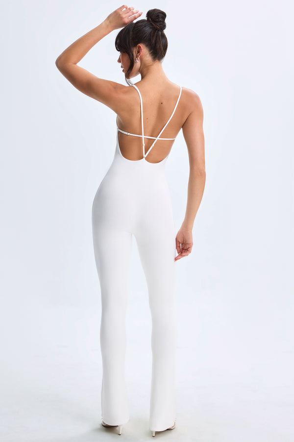Modal Plunge Open-Back Flared Jumpsuit in White - 2