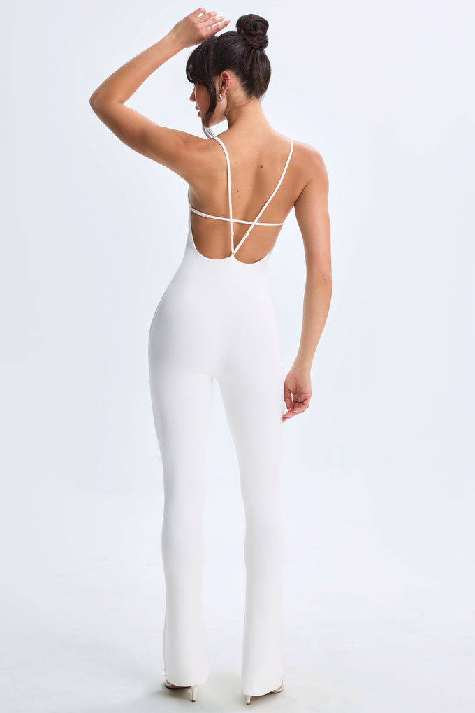 Tall Plunge Open-Back Flared Jumpsuit in White