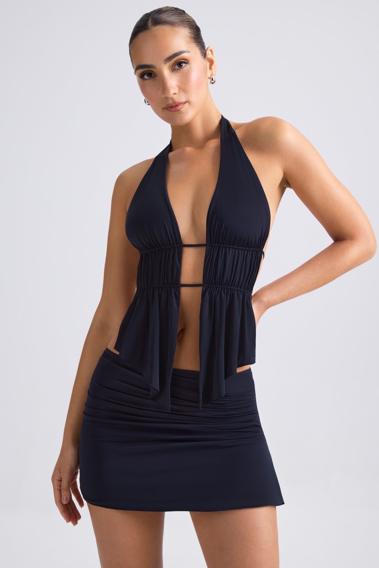 Cut-Out Ruched Halterneck Crop Top in Black