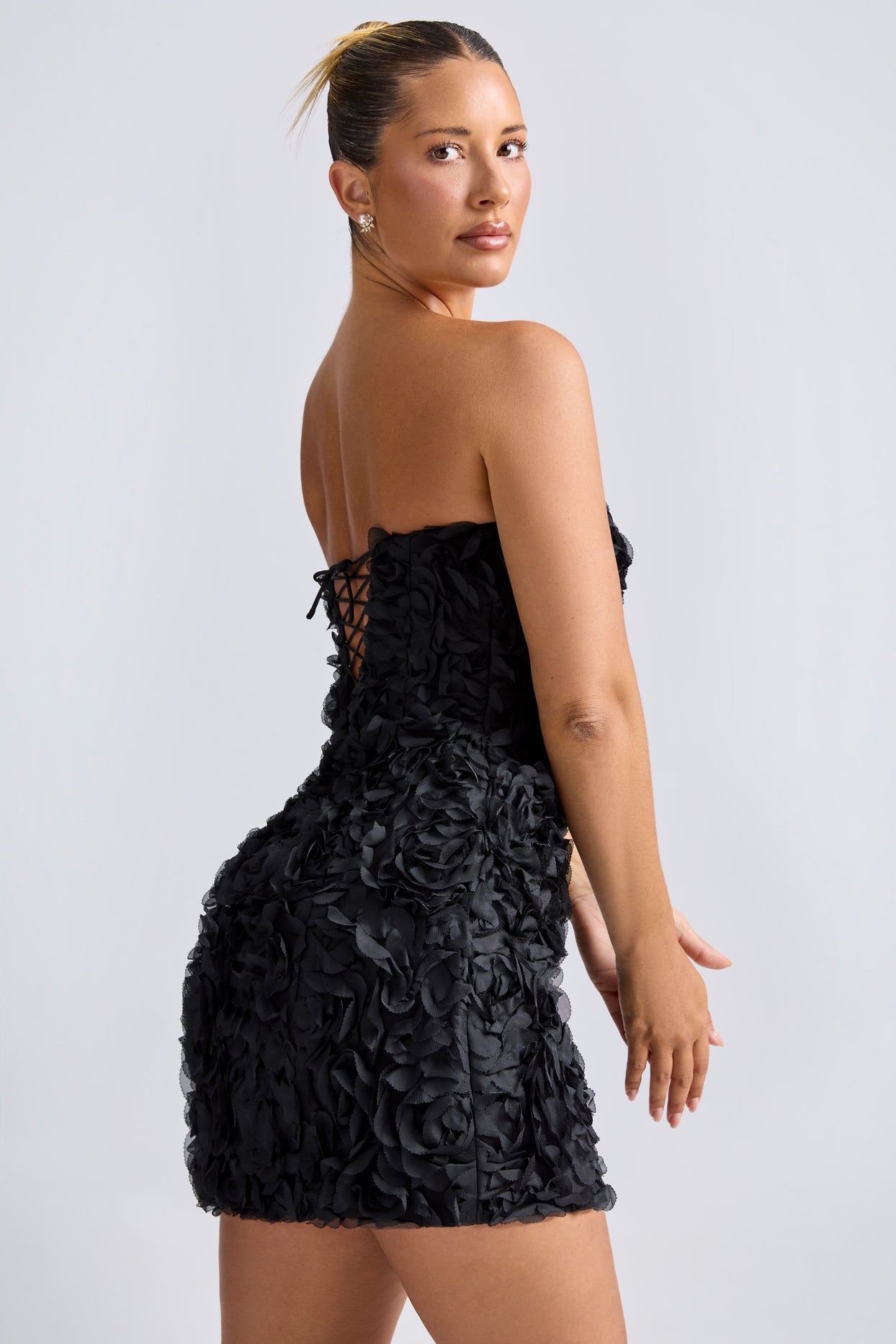 Floral-Appliqué Bandeau A-Line Mini Dress in Black - 3