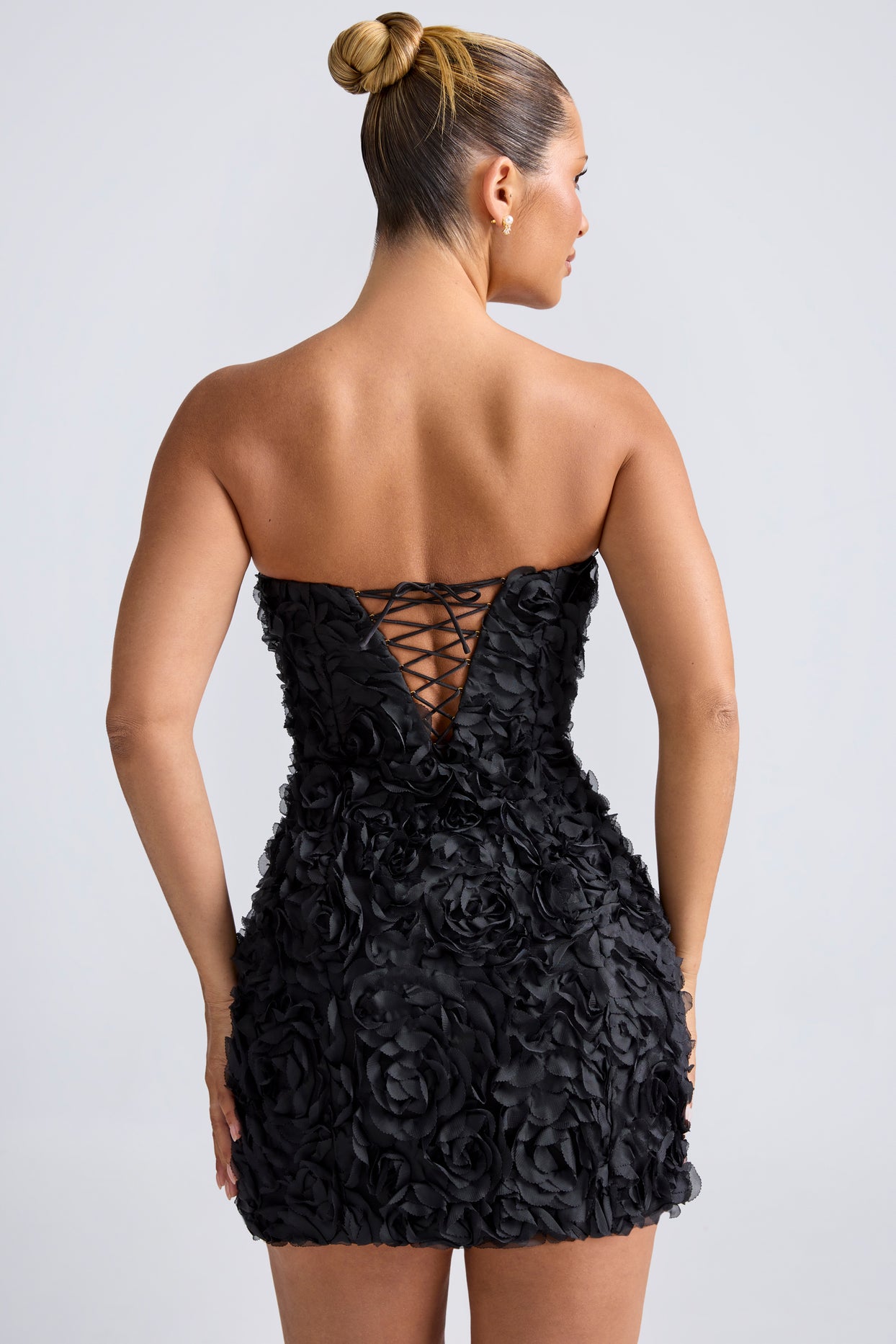 Floral-Appliqué Bandeau A-Line Mini Dress in Black - 2