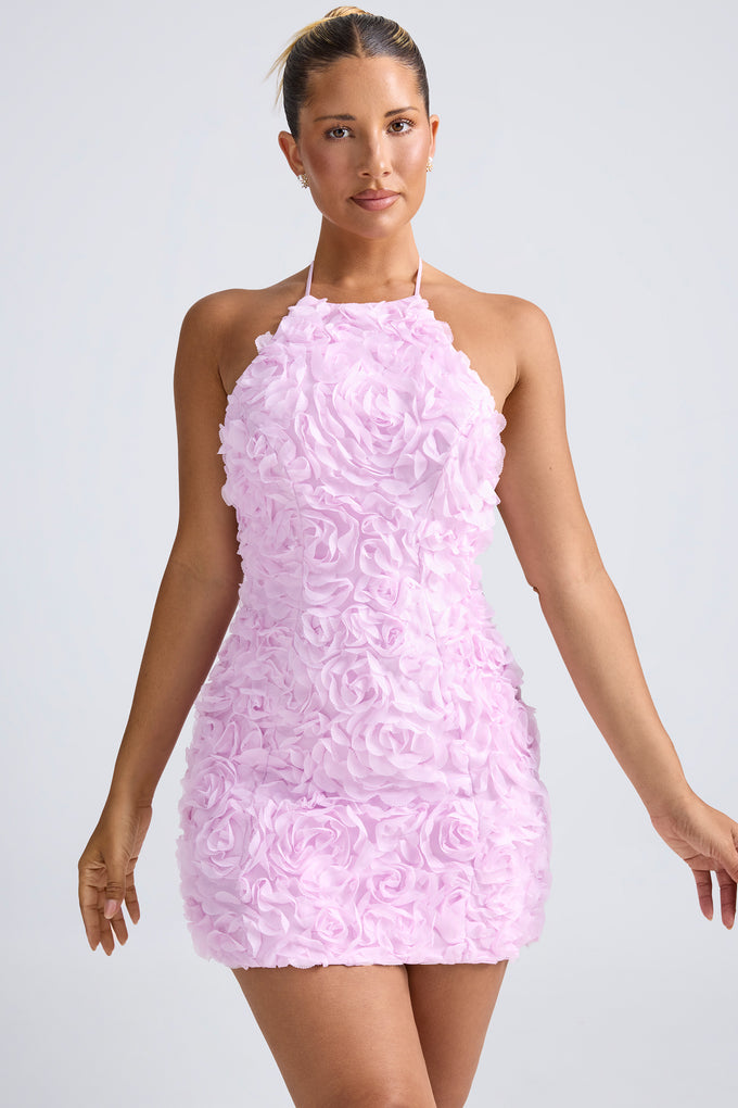 Floral-Appliqué Halterneck A-Line Mini Dress in Lilac