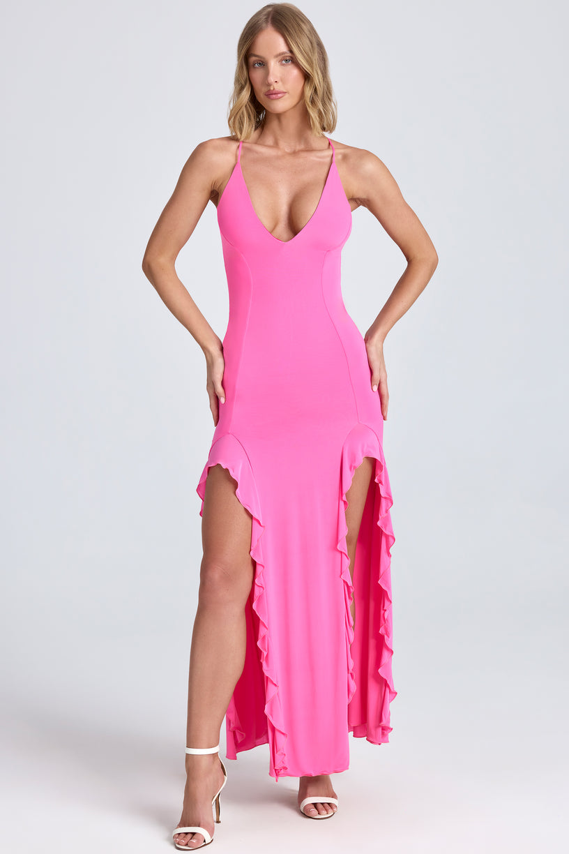 Ruched Ruffle-Trim Maxi Dress in Lollipop Pink - 1