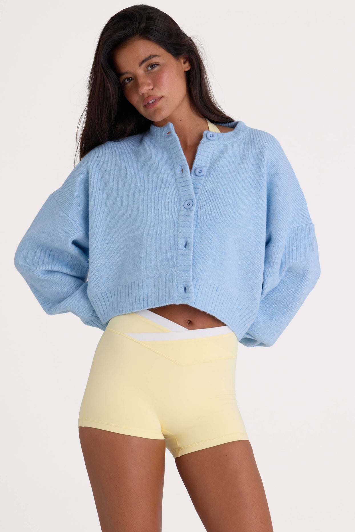 Knit Cropped Cardigan in Powder Blue - 2