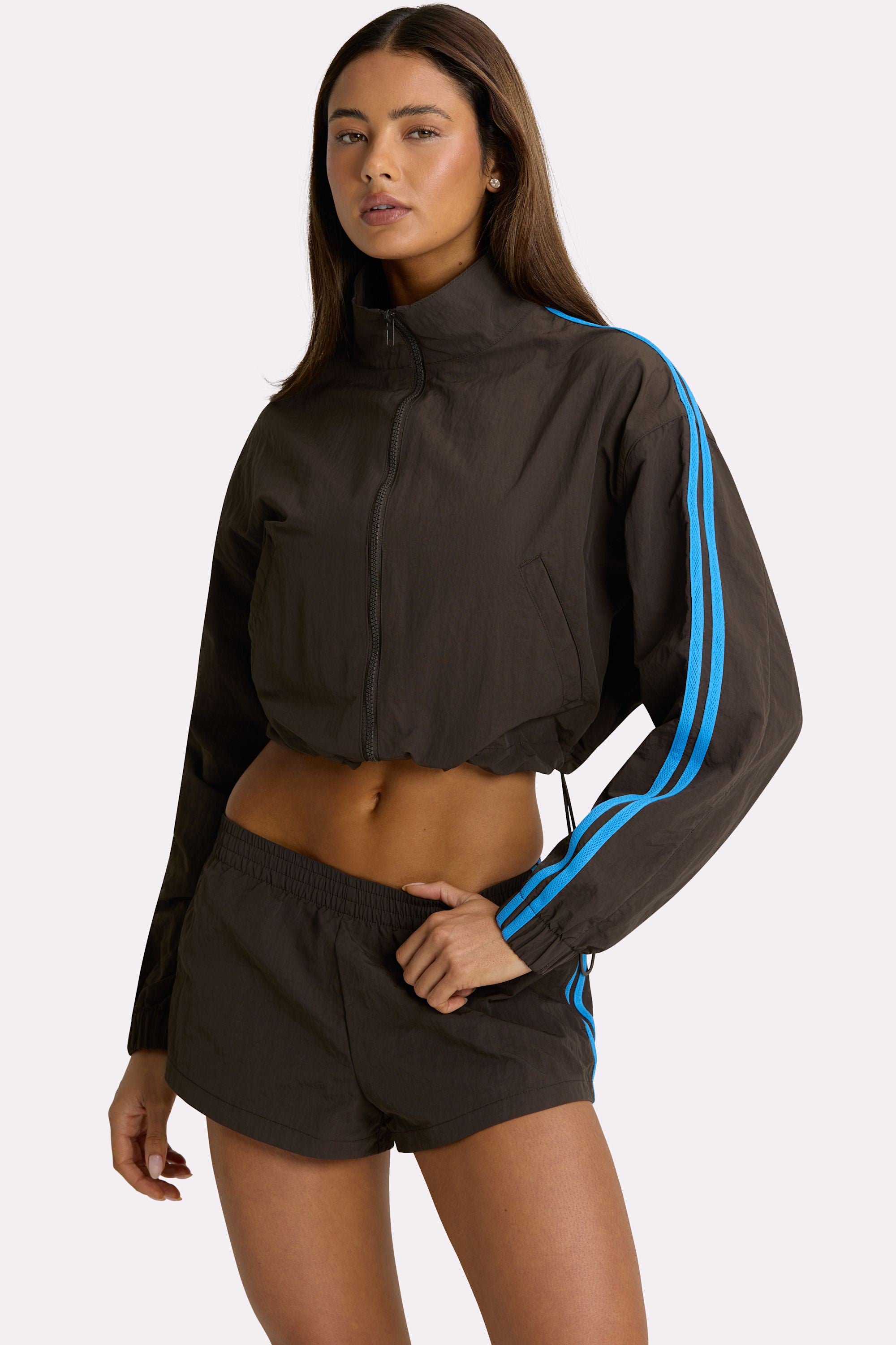 Woven Zip-Up Track Jacket in Truffle