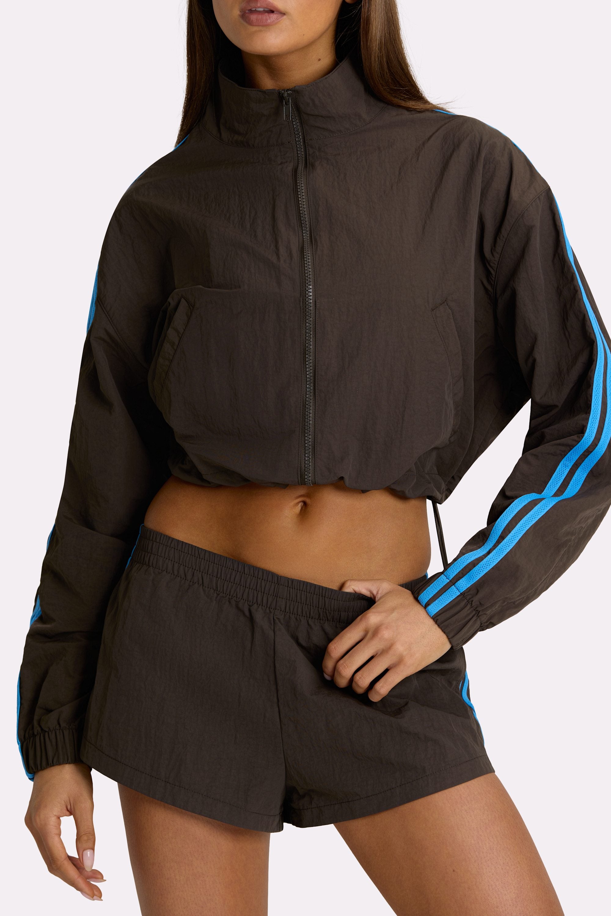 Woven Zip-Up Track Jacket in Truffle