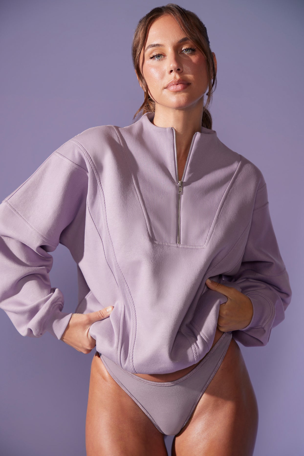 Sweat-shirt surdimensionné à demi-zip en lilas poussiéreux