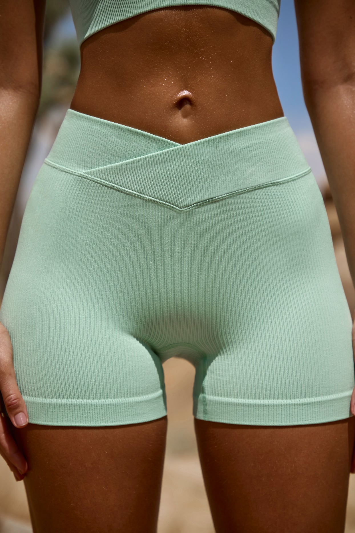 High Waist FlexiRib Mini Shorts in Green - 4