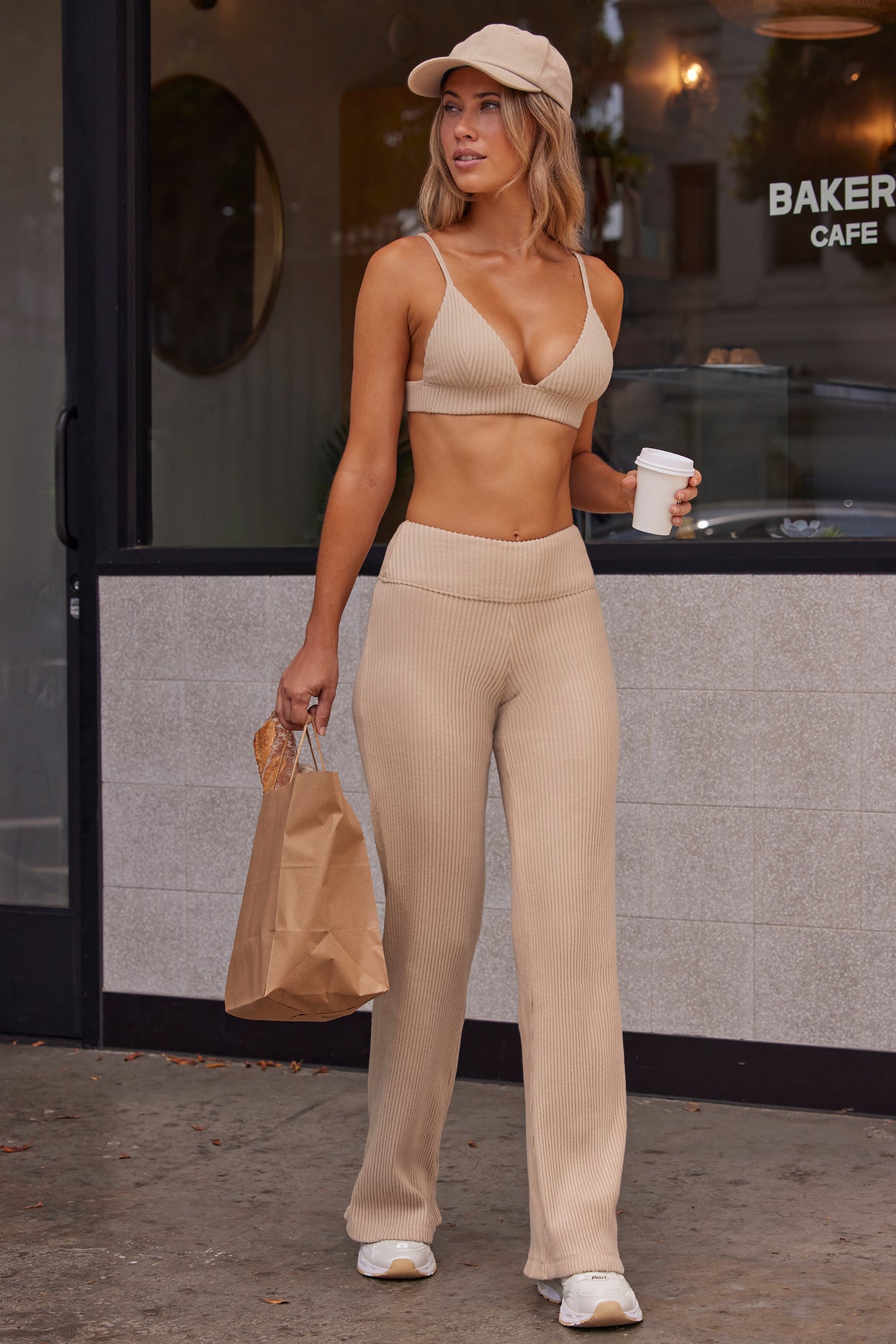 Petite Soft Rib High Waist Fold Over Trousers in Sand - 8