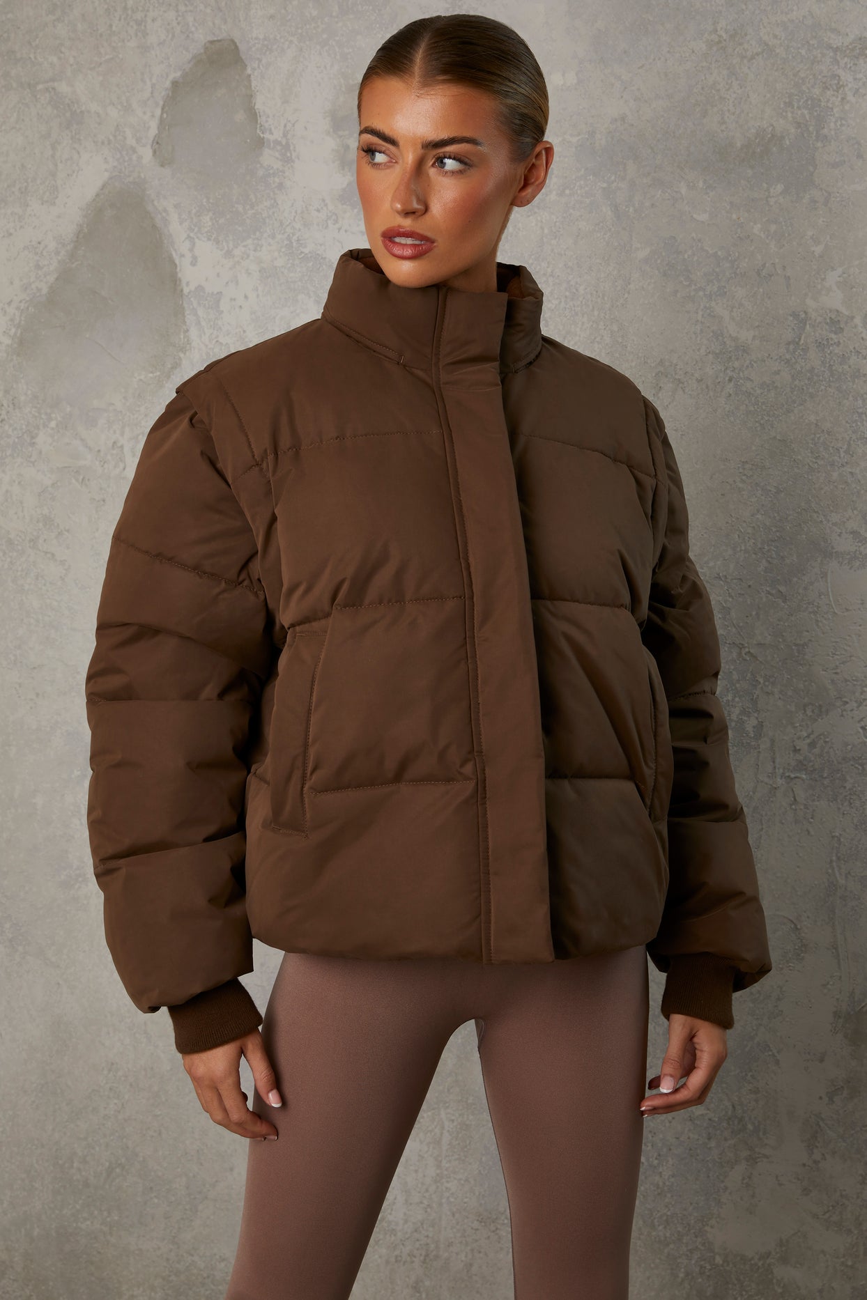 Cropped Puffer Jacket with Detachable Sleeves in Cocoa Brown