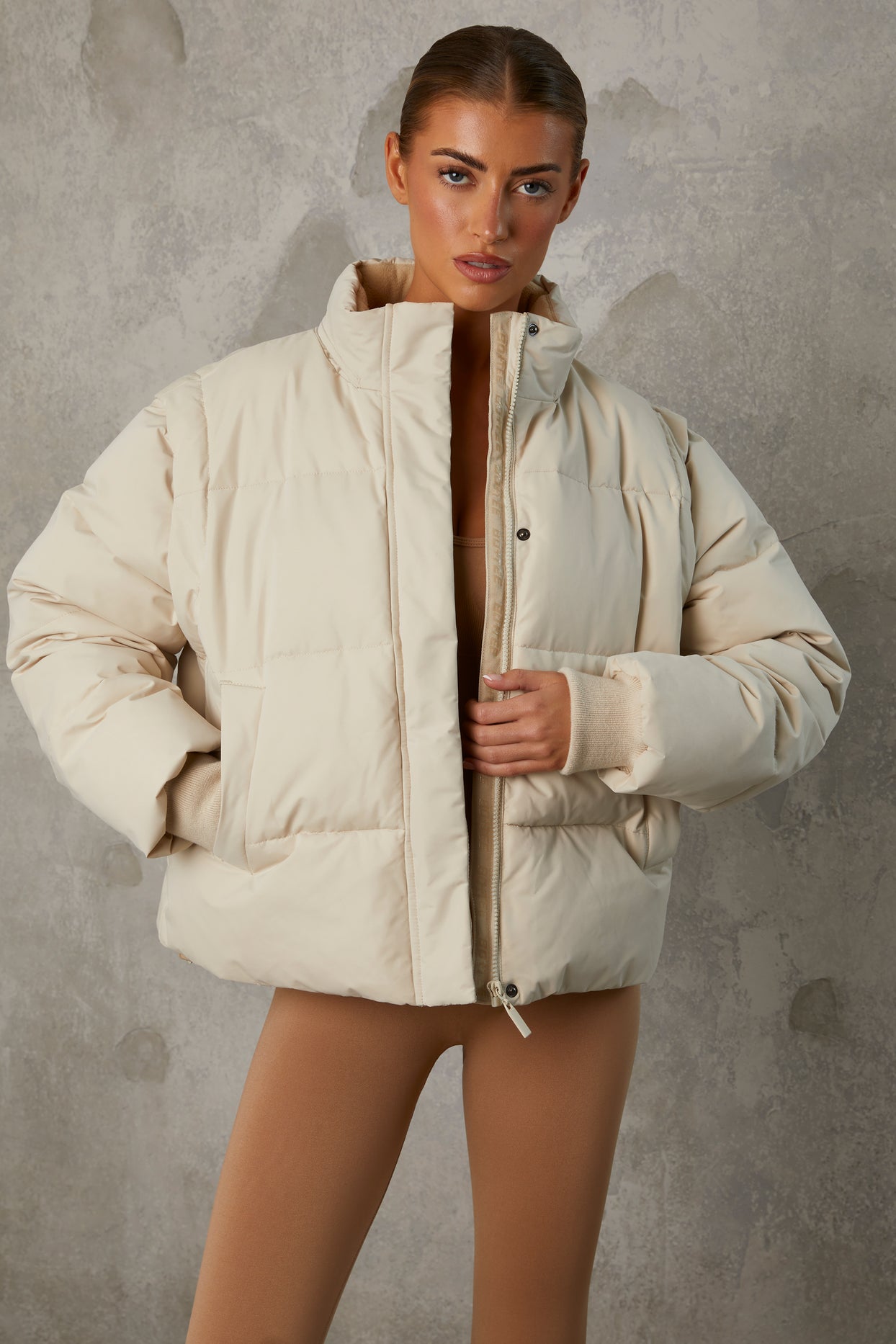 Essential Cropped Puffer Jacket with Detachable Sleeves in Sand