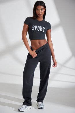 Petite Wide Leg Embroidered Back Joggers in Black