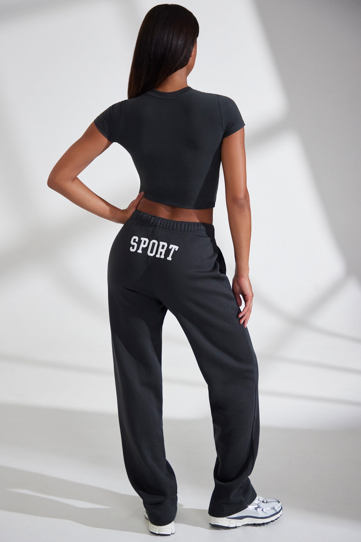 Petite Wide Leg Embroidered Back Joggers in Black
