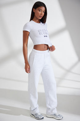 Wide Leg Embroidered Back Joggers in Heather Grey