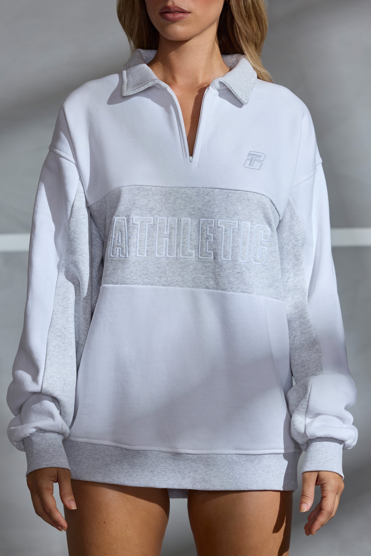 Athletic Oversized Half Zip Panel Sweatshirt in White
