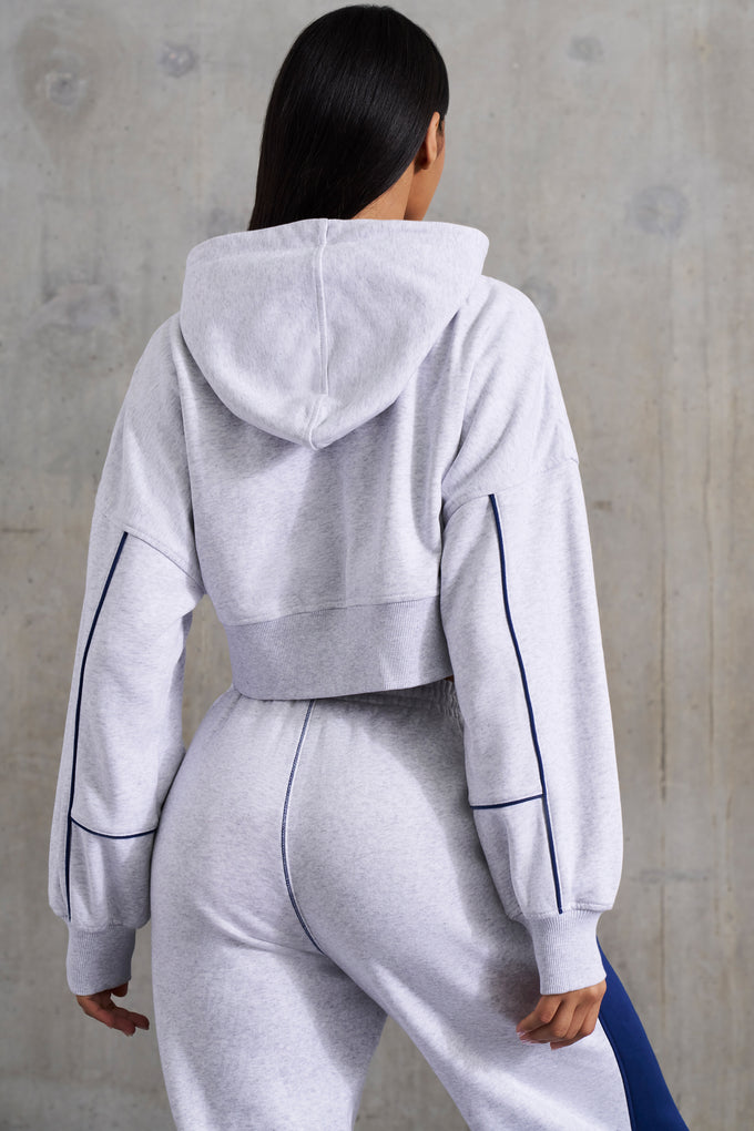 Waffle Lined Cropped Zip Up Hooded Jacket in Heather Grey