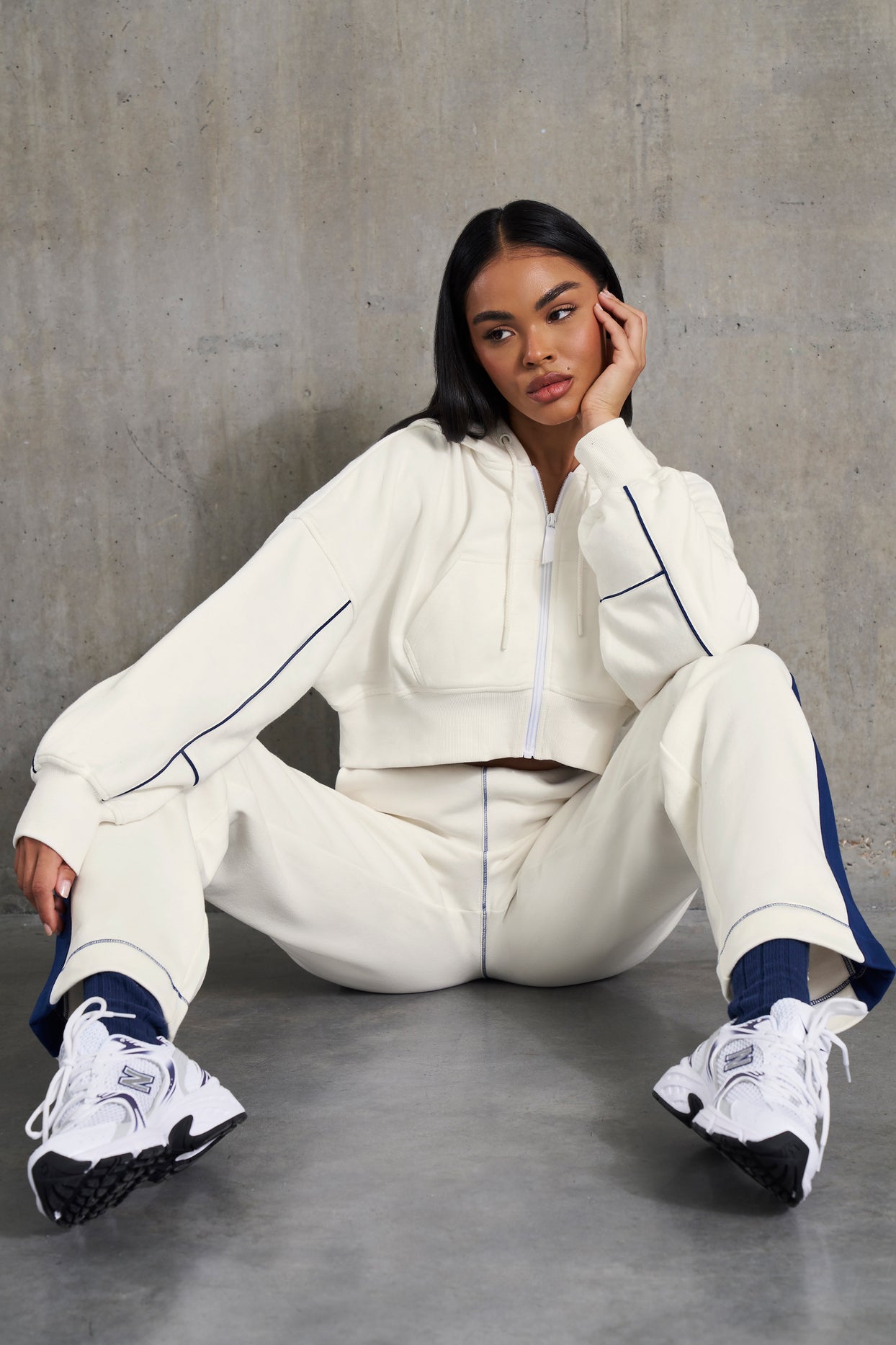 Waffle Lined Cropped Zip Up Hooded Jacket in White