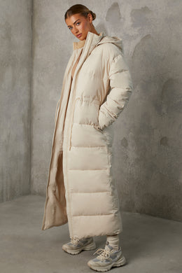 Full Length Hooded Puffer Coat in Sand