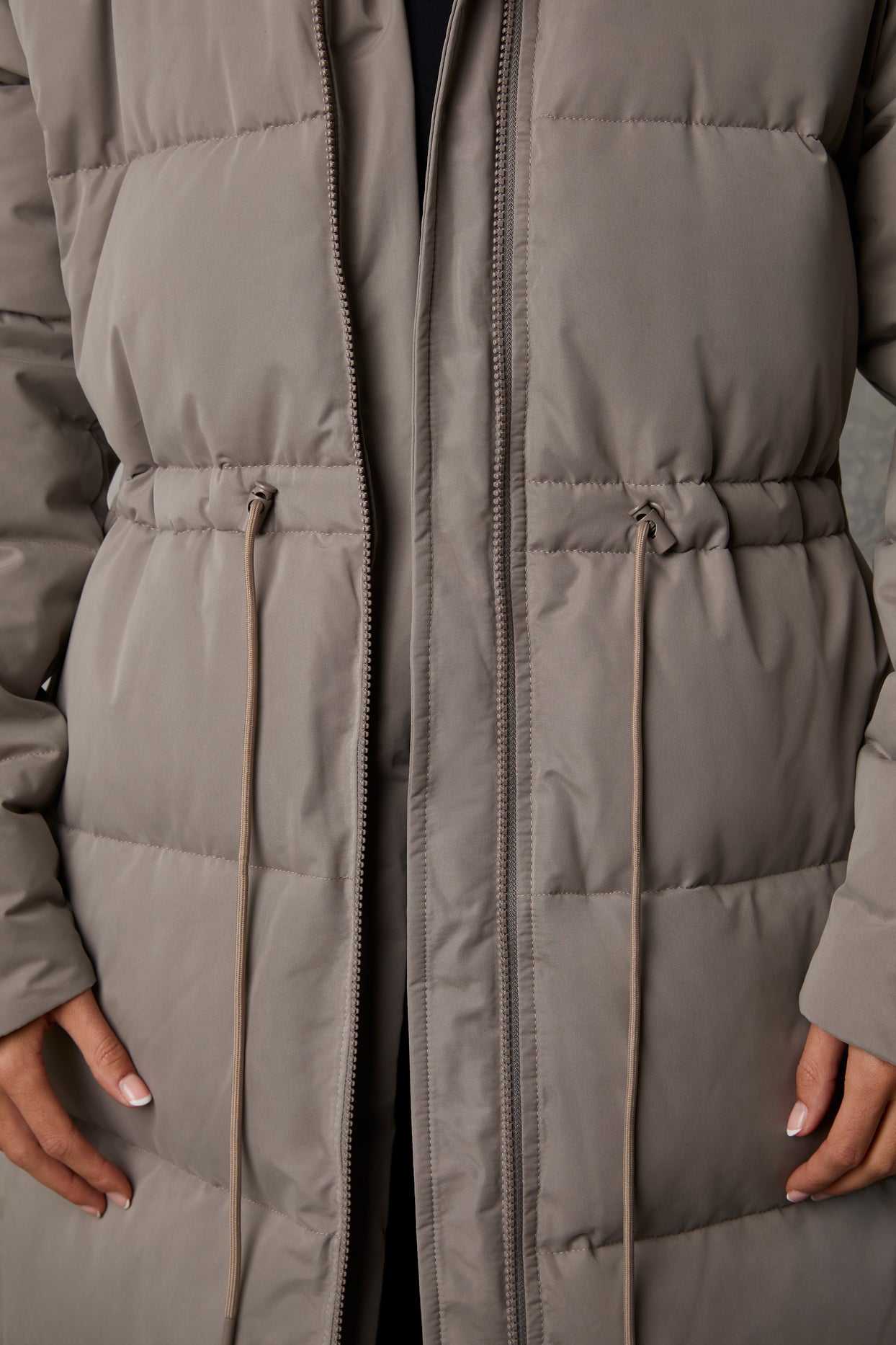 Full Length Hooded Puffer Coat in Warm Grey