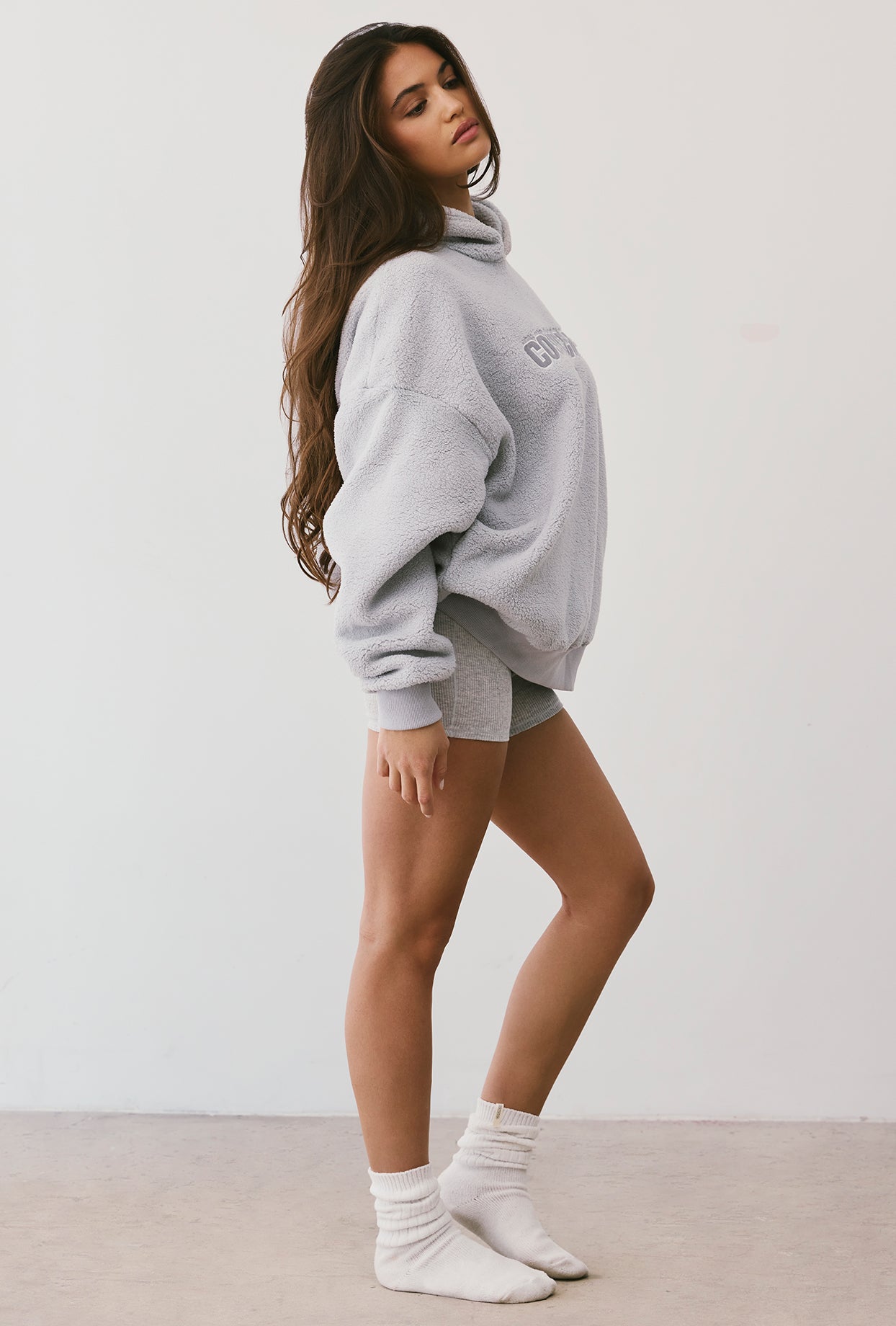 Lounge Oversized Fleece Hooded Sweatshirt in Fog Oh Polly