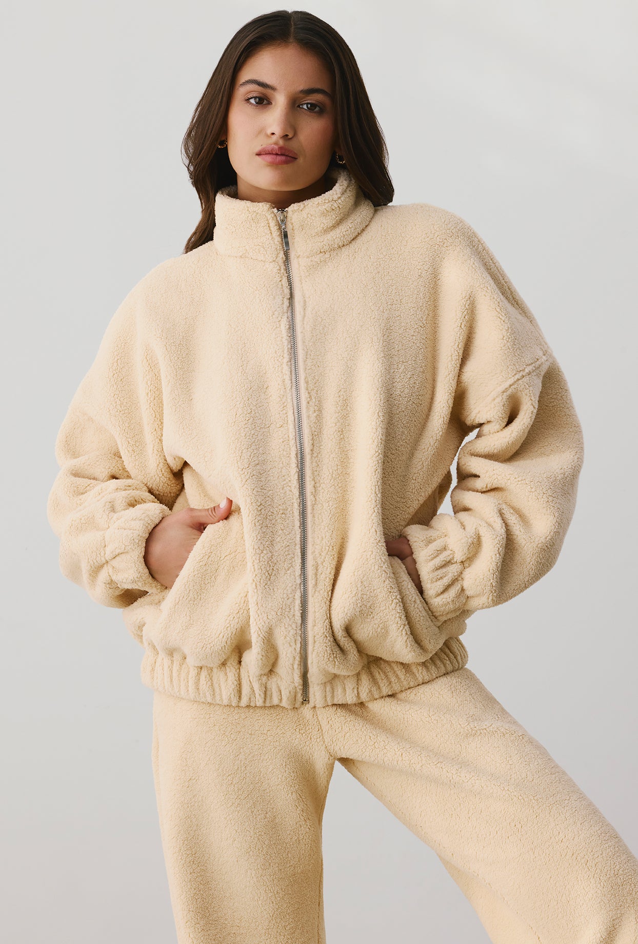 Cushy Oversized Fleece Zip Up Jacket in Cashmere Oh Polly