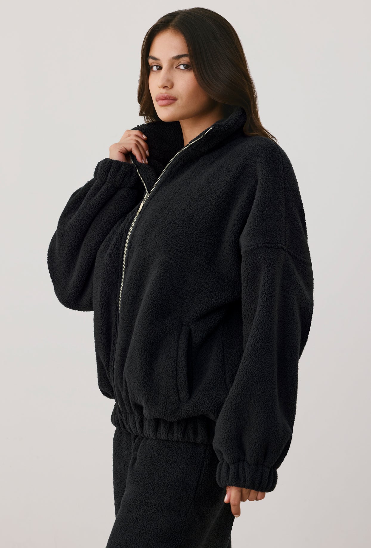 Cushy Oversized Fleece Zip Up Jacket in Onyx Oh Polly