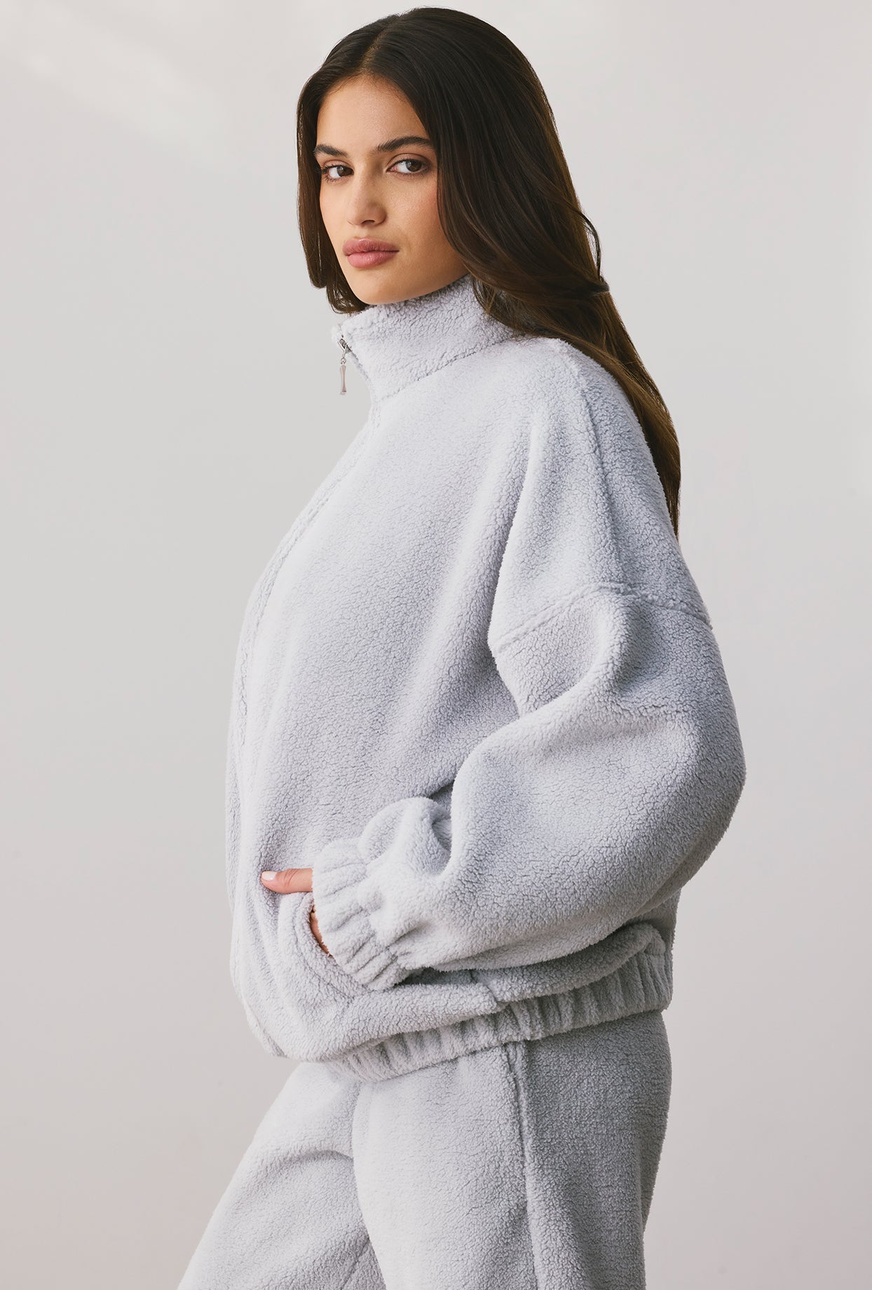 Cushy Oversized Fleece Zip Up Jacket in Fog Oh Polly