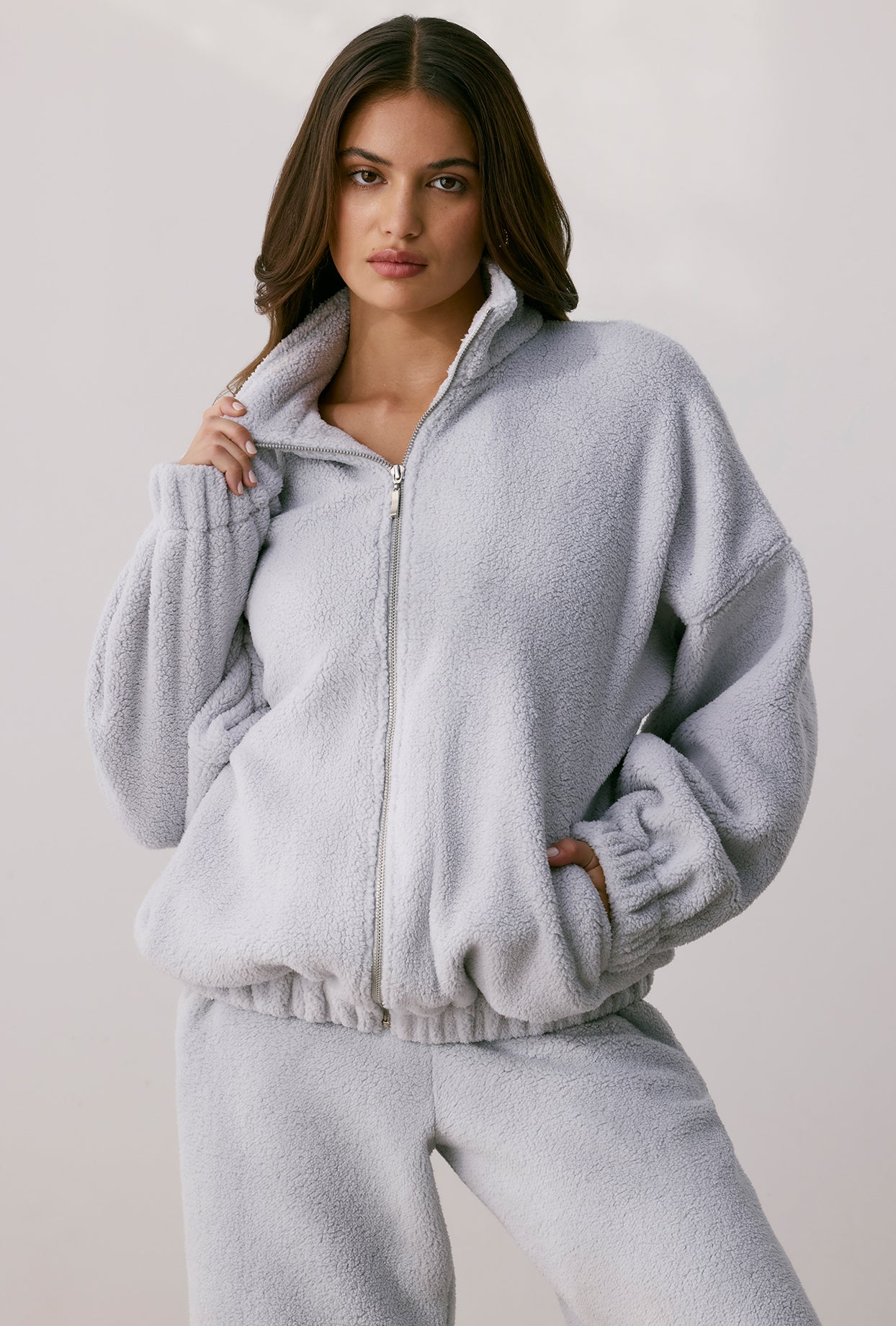 Cushy Oversized Fleece Zip Up Jacket in Fog Oh Polly