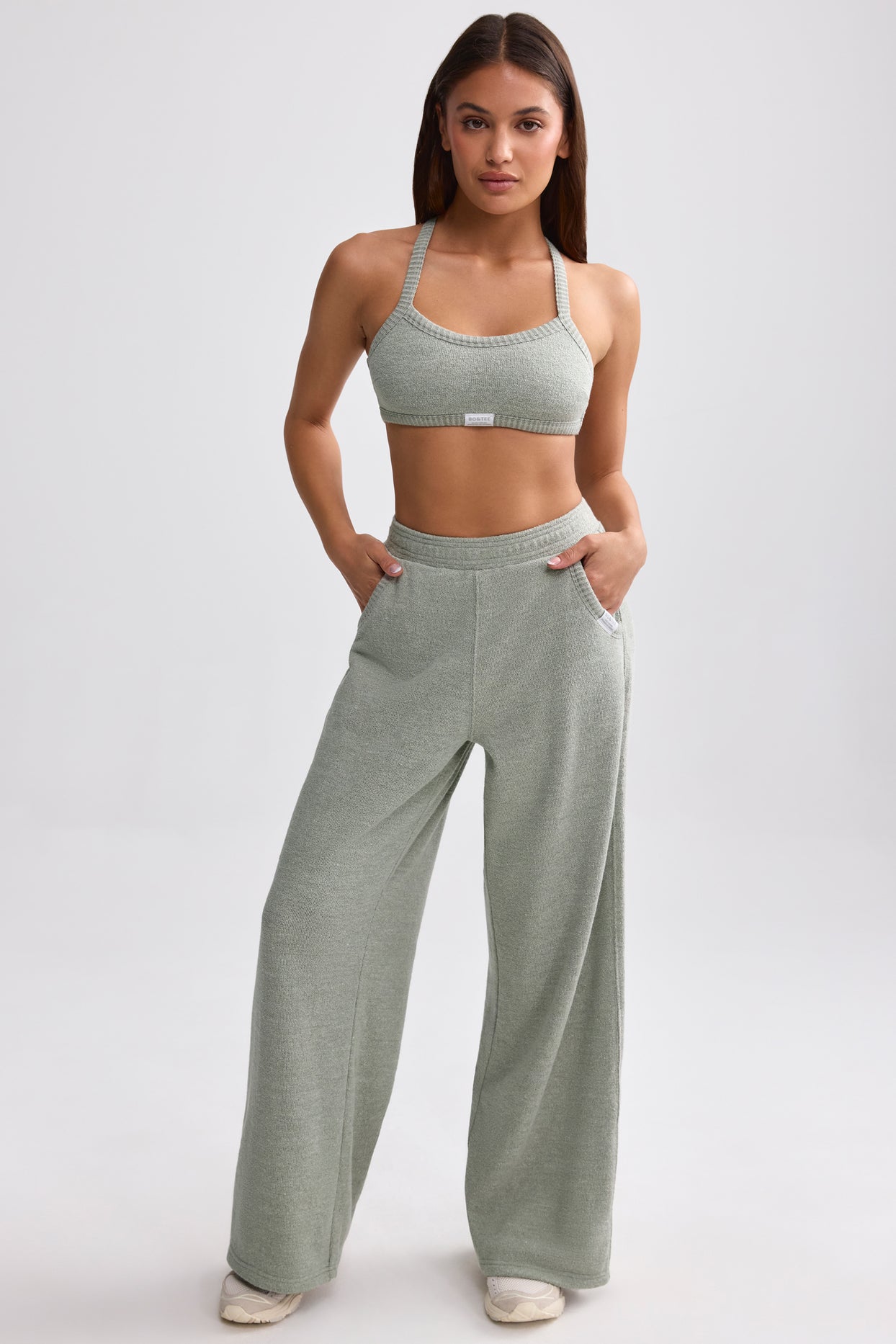 Petite Terry Towelling Wide-Leg Joggers in Sage Grey