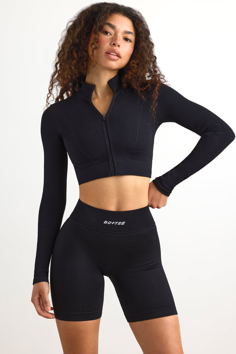 FlexiRib Zip-Up Cropped Jacket in Black - 1