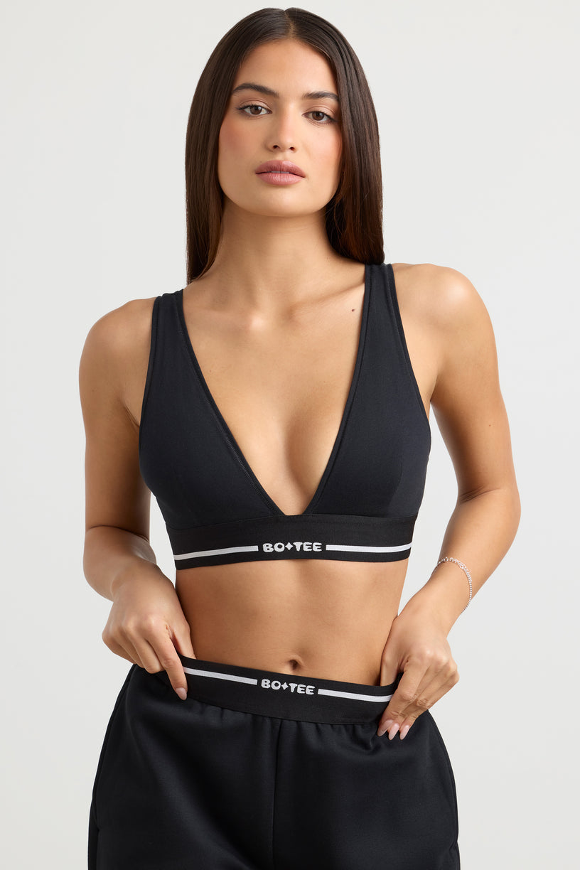 Stretch Cotton Jersey Plunge-Neck Crop Top in Black - 1